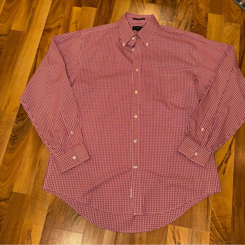 Lands’ End traditional no iron‎ pinpoint Oxford button down red white large